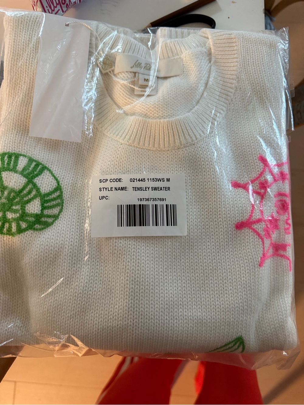 Lilly Pulitzer Cream Crewneck Sweater with Pink & Green Motifs